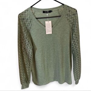 Aventura Sage Green V-Neck Long Sleeve Top with Lace Raglan Sleeves